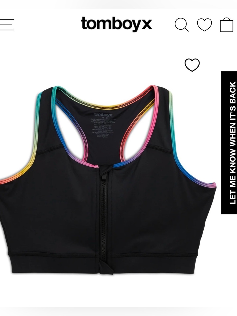 TomboyX Racerback Zip Compression Top Rainbow Sports Bra
